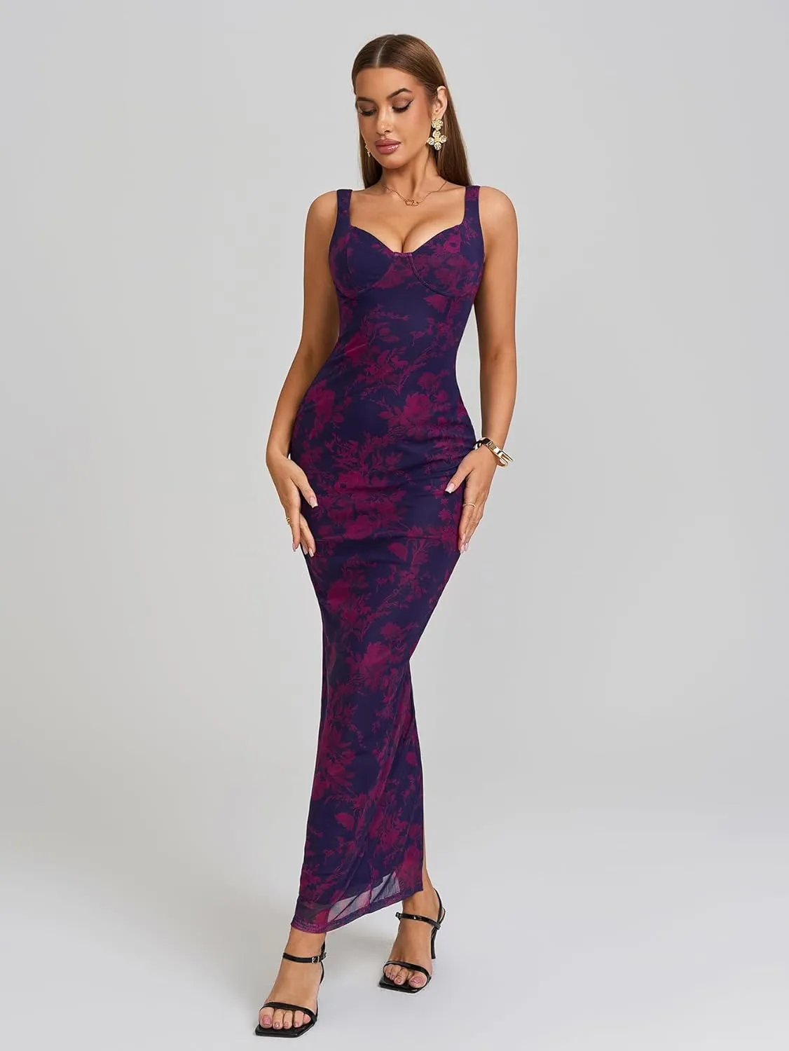 HTZMO Women Summer Floral Bodycon Maxi Dress V Neck Halter Sleeveless Casual Wedding Guest Party Elegant Long Dresses