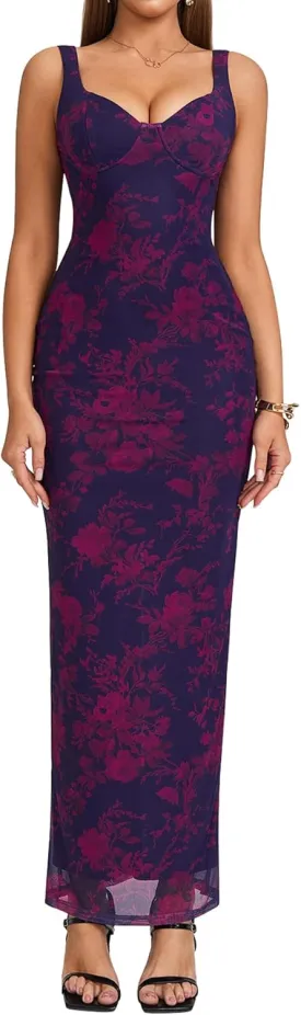 HTZMO Women Summer Floral Bodycon Maxi Dress V Neck Halter Sleeveless Casual Wedding Guest Party Elegant Long Dresses