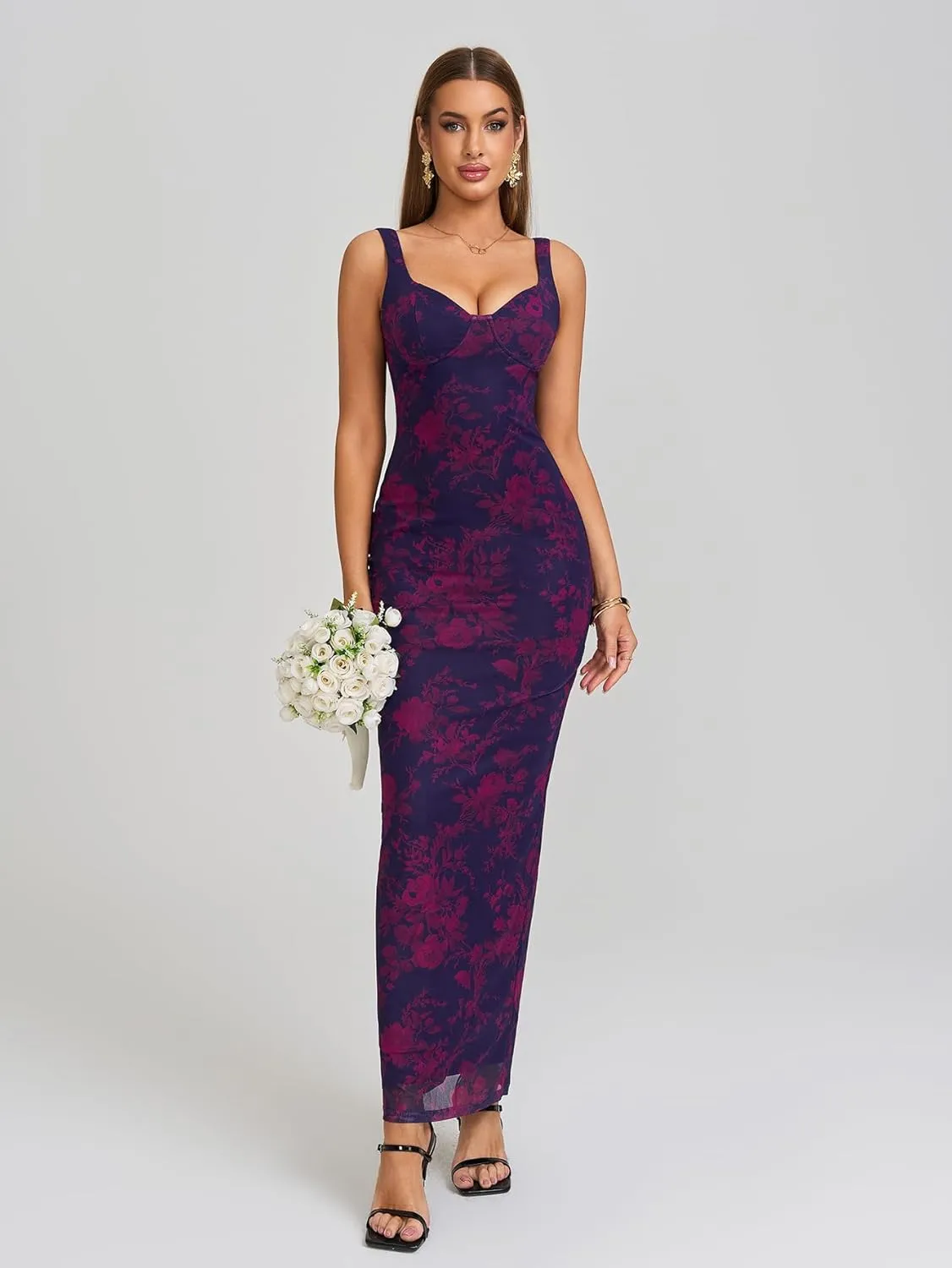 HTZMO Women Summer Floral Bodycon Maxi Dress V Neck Halter Sleeveless Casual Wedding Guest Party Elegant Long Dresses