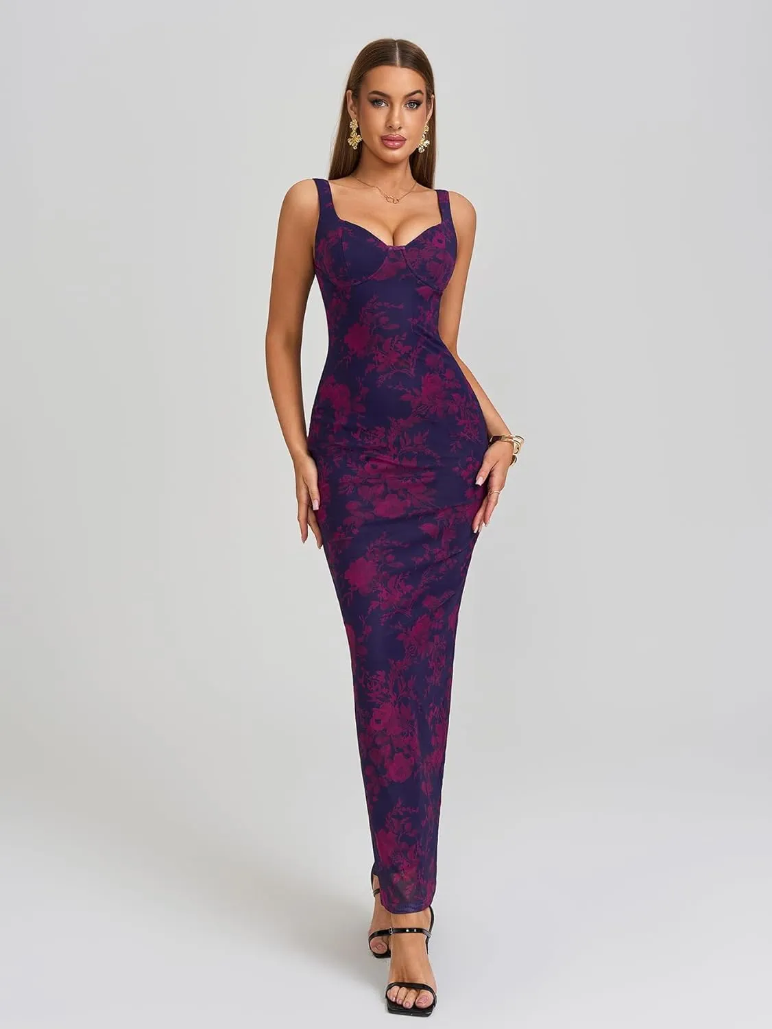 HTZMO Women Summer Floral Bodycon Maxi Dress V Neck Halter Sleeveless Casual Wedding Guest Party Elegant Long Dresses
