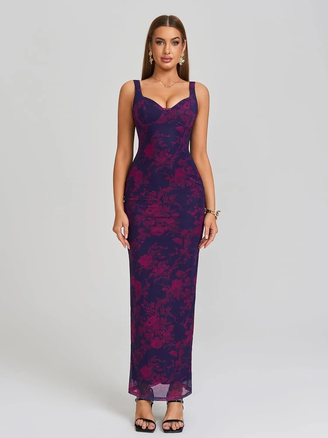 HTZMO Women Summer Floral Bodycon Maxi Dress V Neck Halter Sleeveless Casual Wedding Guest Party Elegant Long Dresses