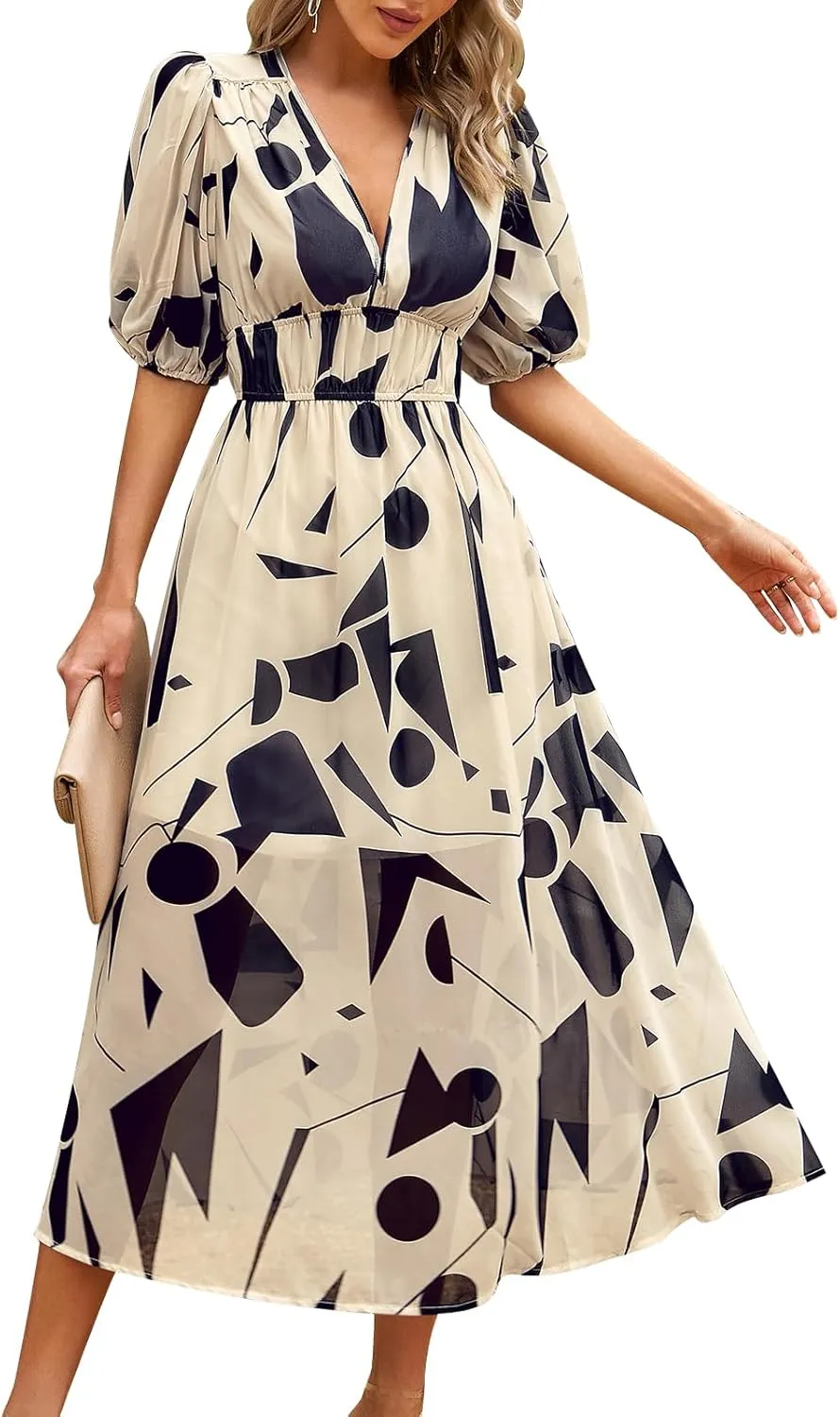 IDOPIP Women Elegant Floral Print Midi Dress Empire Waist Chiffon Dress Summer Boho Flowy Sundress Casual Ruffle Maxi Dress