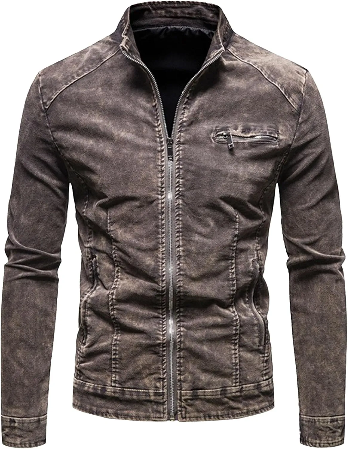 JEKE-DG Men's Lined Distressed Trucker Jean Jacket Casual Slim Fit Comfort Denim Jacket Vintage Zip Up Warm Jackets