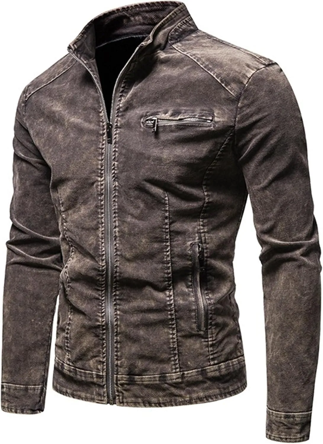 JEKE-DG Men's Lined Distressed Trucker Jean Jacket Casual Slim Fit Comfort Denim Jacket Vintage Zip Up Warm Jackets