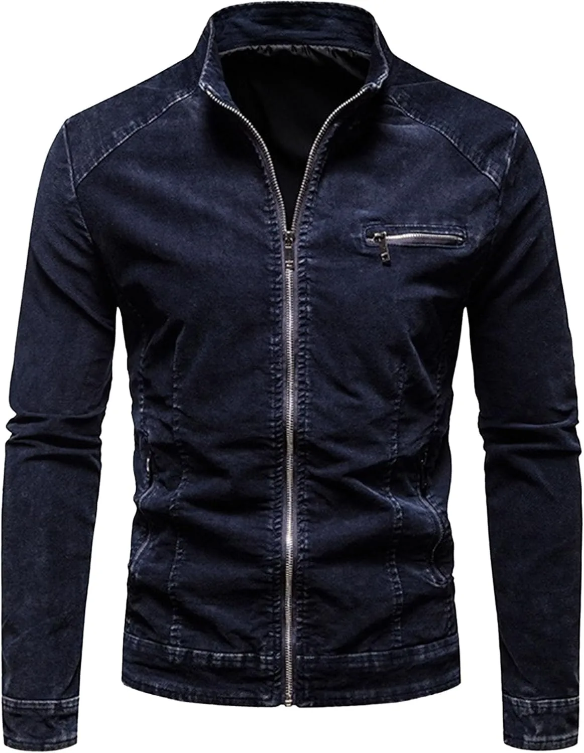 JEKE-DG Men's Lined Distressed Trucker Jean Jacket Casual Slim Fit Comfort Denim Jacket Vintage Zip Up Warm Jackets