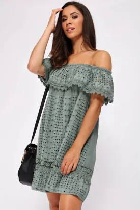 Khaki Bardot Frill Crochet Dress