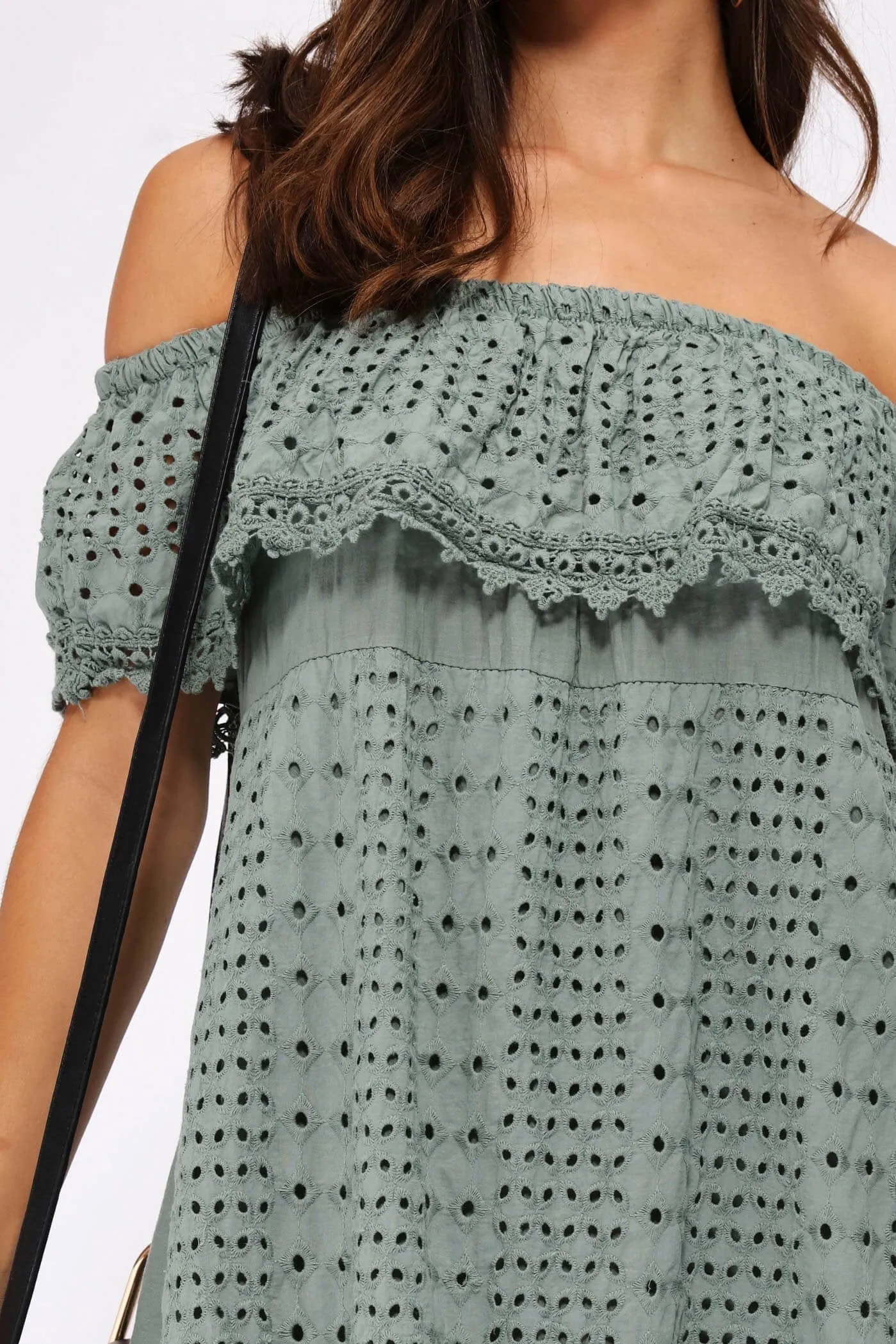 Khaki Bardot Frill Crochet Dress