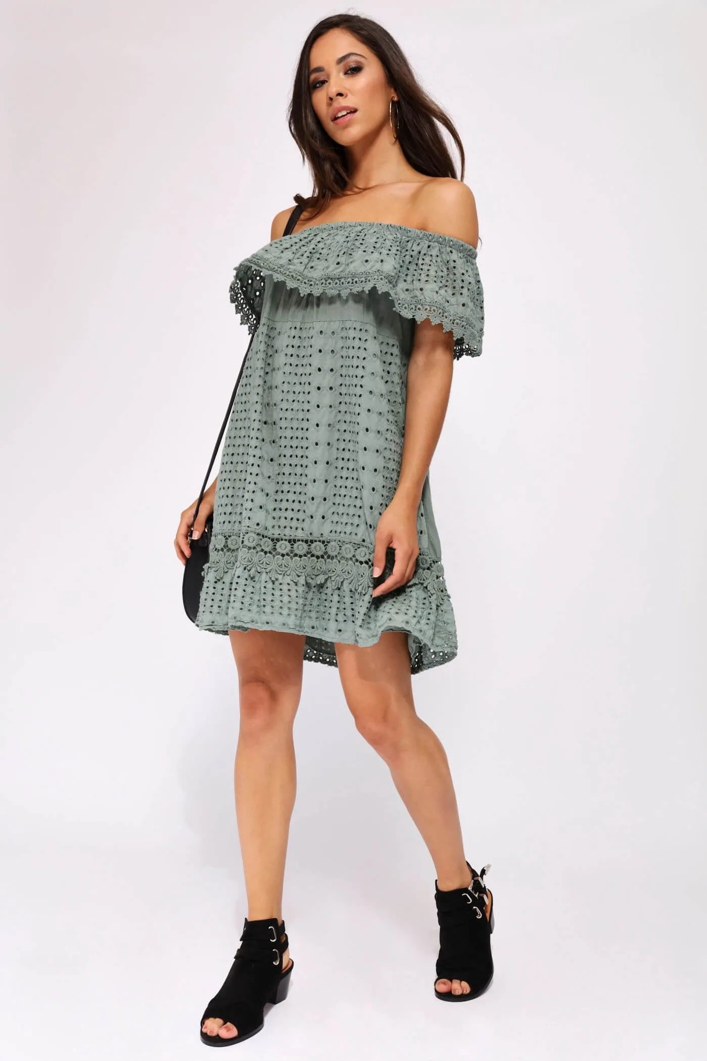 Khaki Bardot Frill Crochet Dress