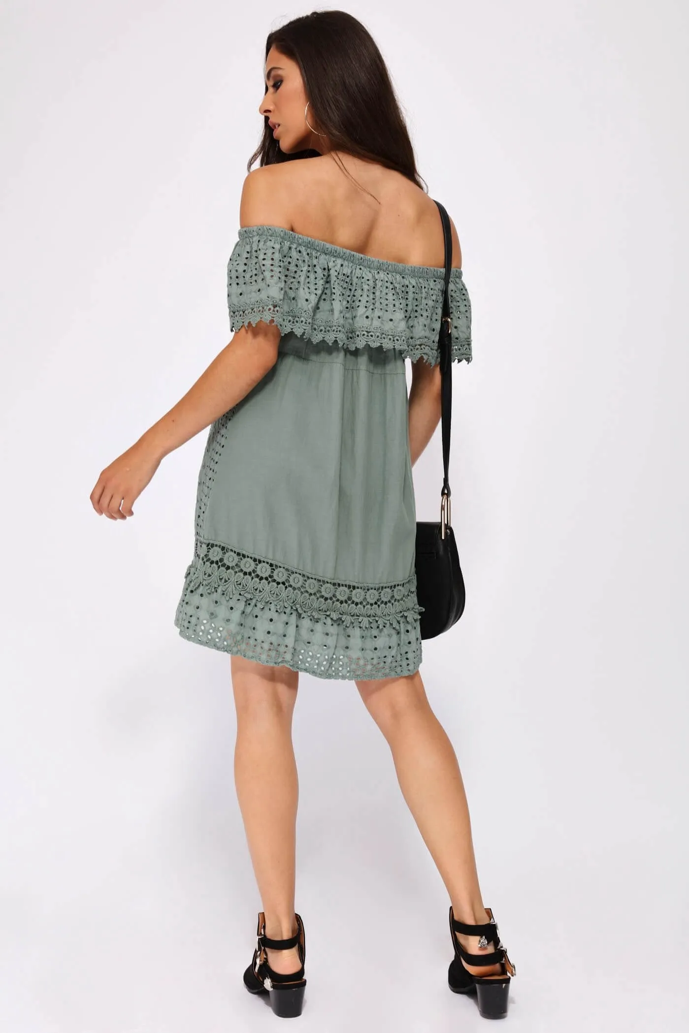 Khaki Bardot Frill Crochet Dress