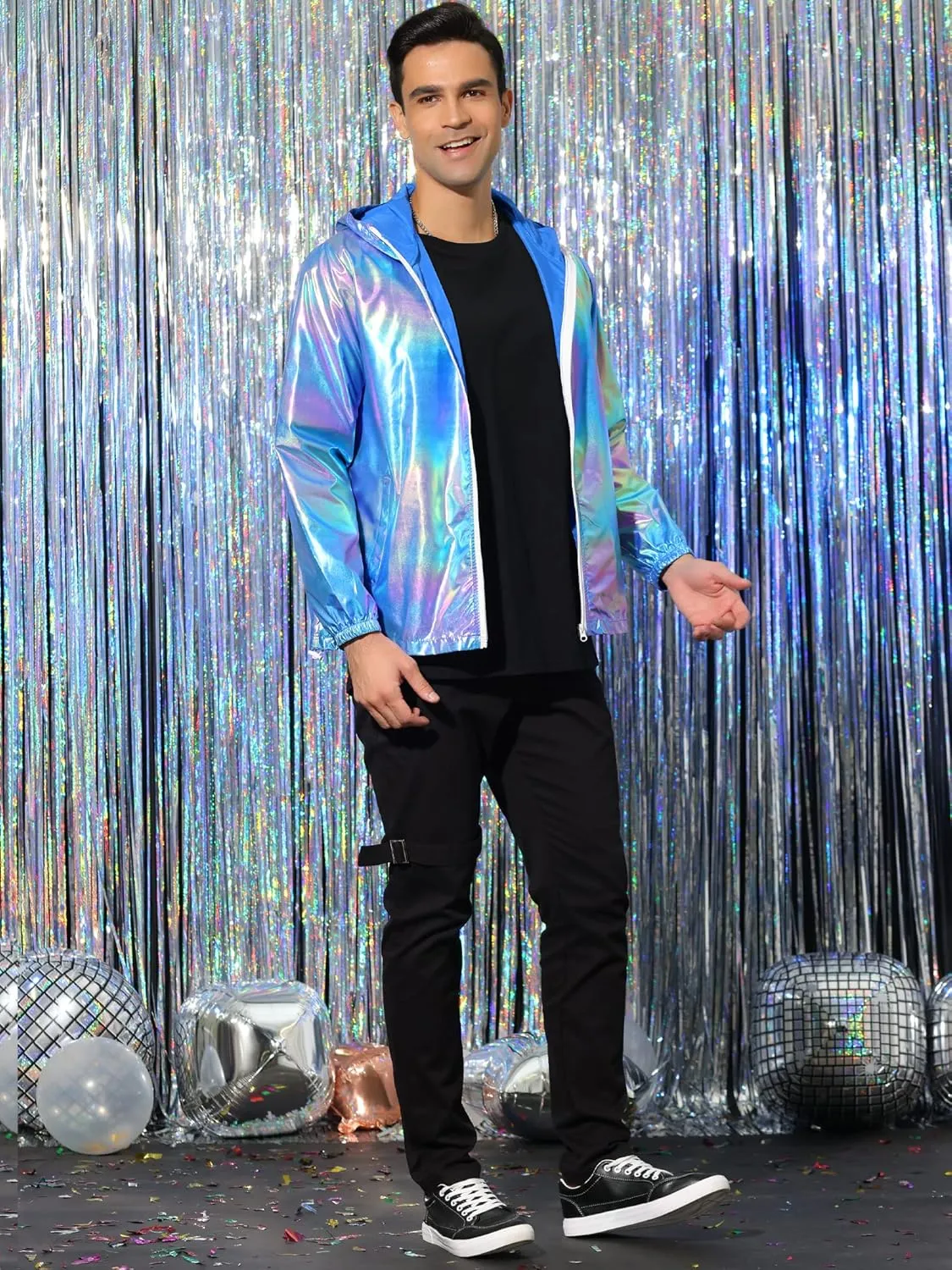Lars Amadeus Men's Metallic Jacket Lightweight Zip Up Holographic Shiny Hooded Jackets