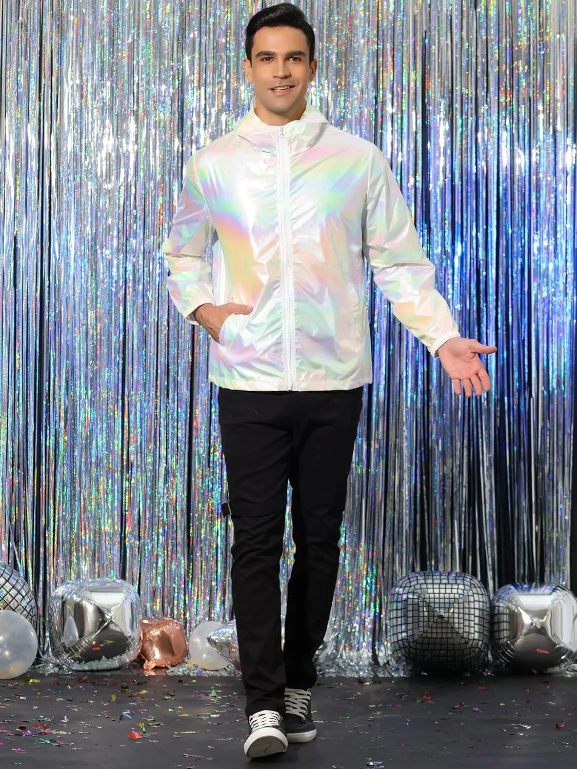 Lars Amadeus Men's Metallic Jacket Lightweight Zip Up Holographic Shiny Hooded Jackets