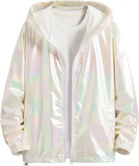 Lars Amadeus Men's Metallic Jacket Lightweight Zip Up Holographic Shiny Hooded Jackets