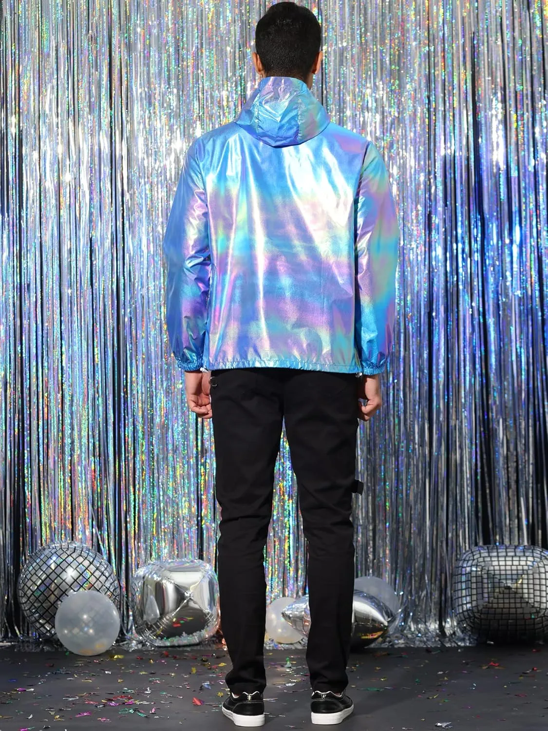 Lars Amadeus Men's Metallic Jacket Lightweight Zip Up Holographic Shiny Hooded Jackets