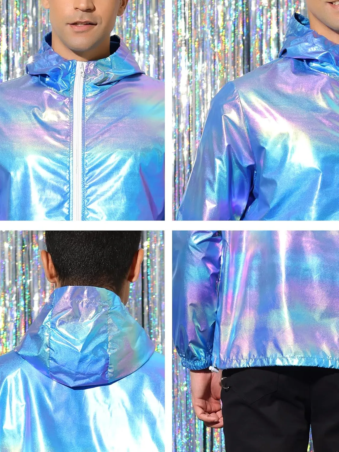 Lars Amadeus Men's Metallic Jacket Lightweight Zip Up Holographic Shiny Hooded Jackets