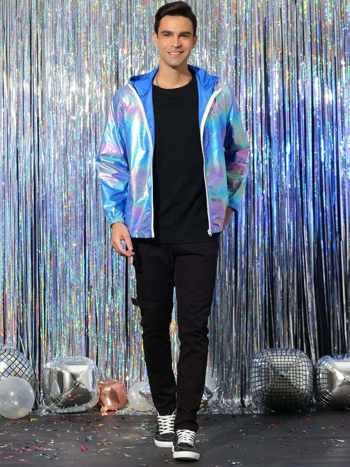 Lars Amadeus Men's Metallic Jacket Lightweight Zip Up Holographic Shiny Hooded Jackets