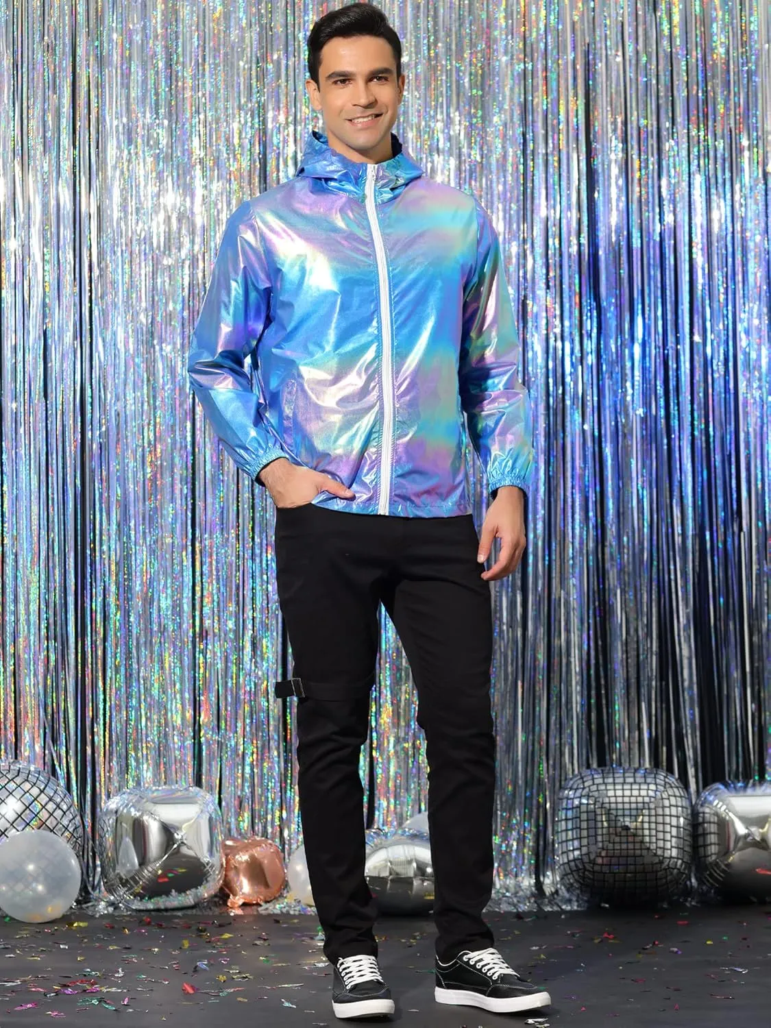 Lars Amadeus Men's Metallic Jacket Lightweight Zip Up Holographic Shiny Hooded Jackets