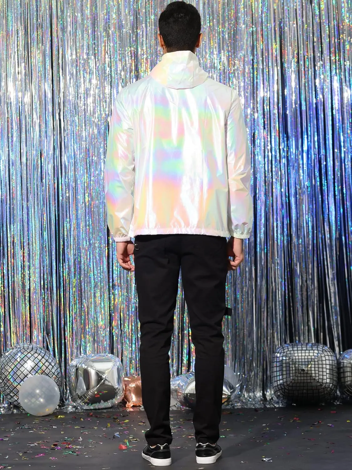 Lars Amadeus Men's Metallic Jacket Lightweight Zip Up Holographic Shiny Hooded Jackets