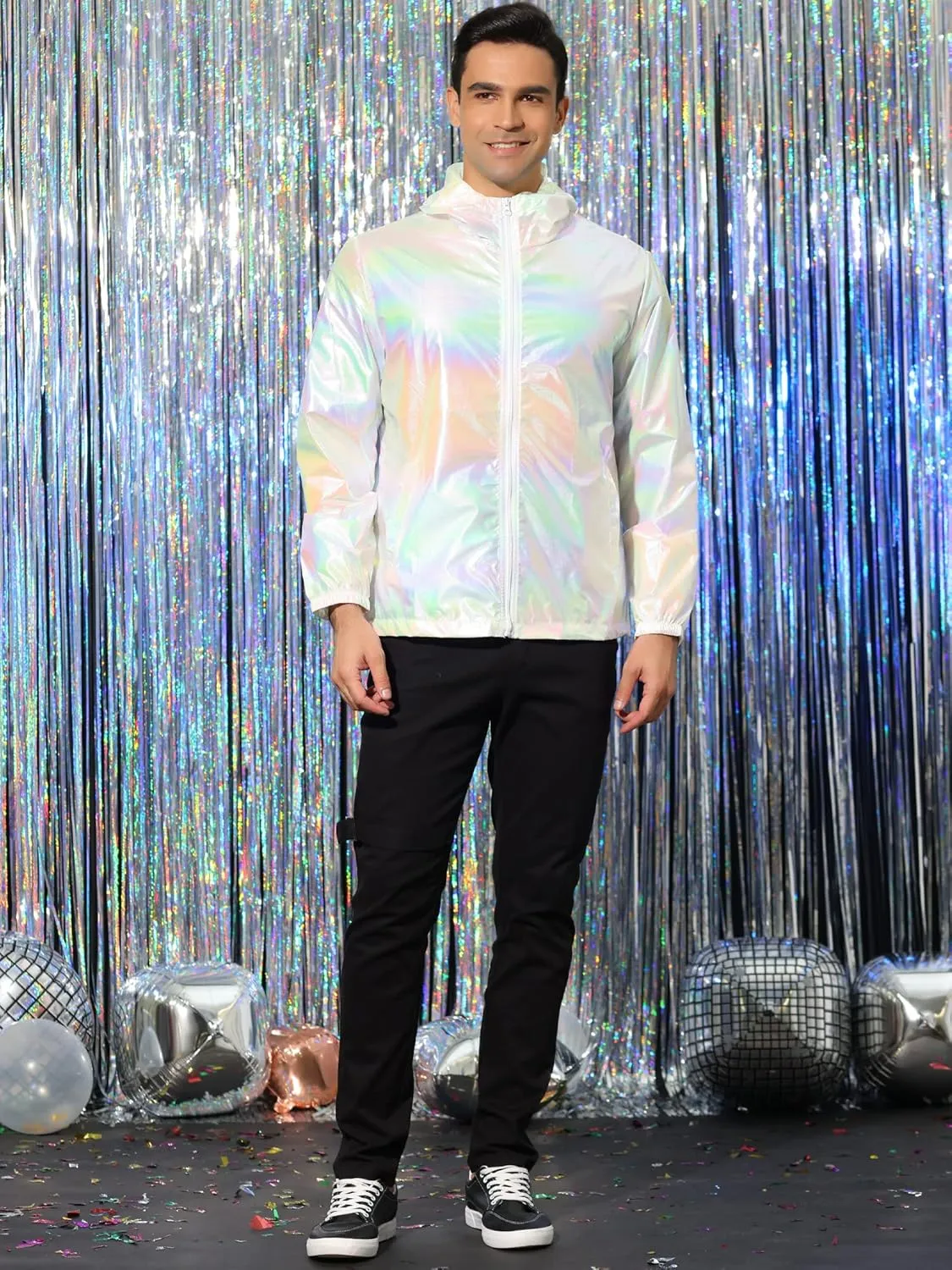 Lars Amadeus Men's Metallic Jacket Lightweight Zip Up Holographic Shiny Hooded Jackets