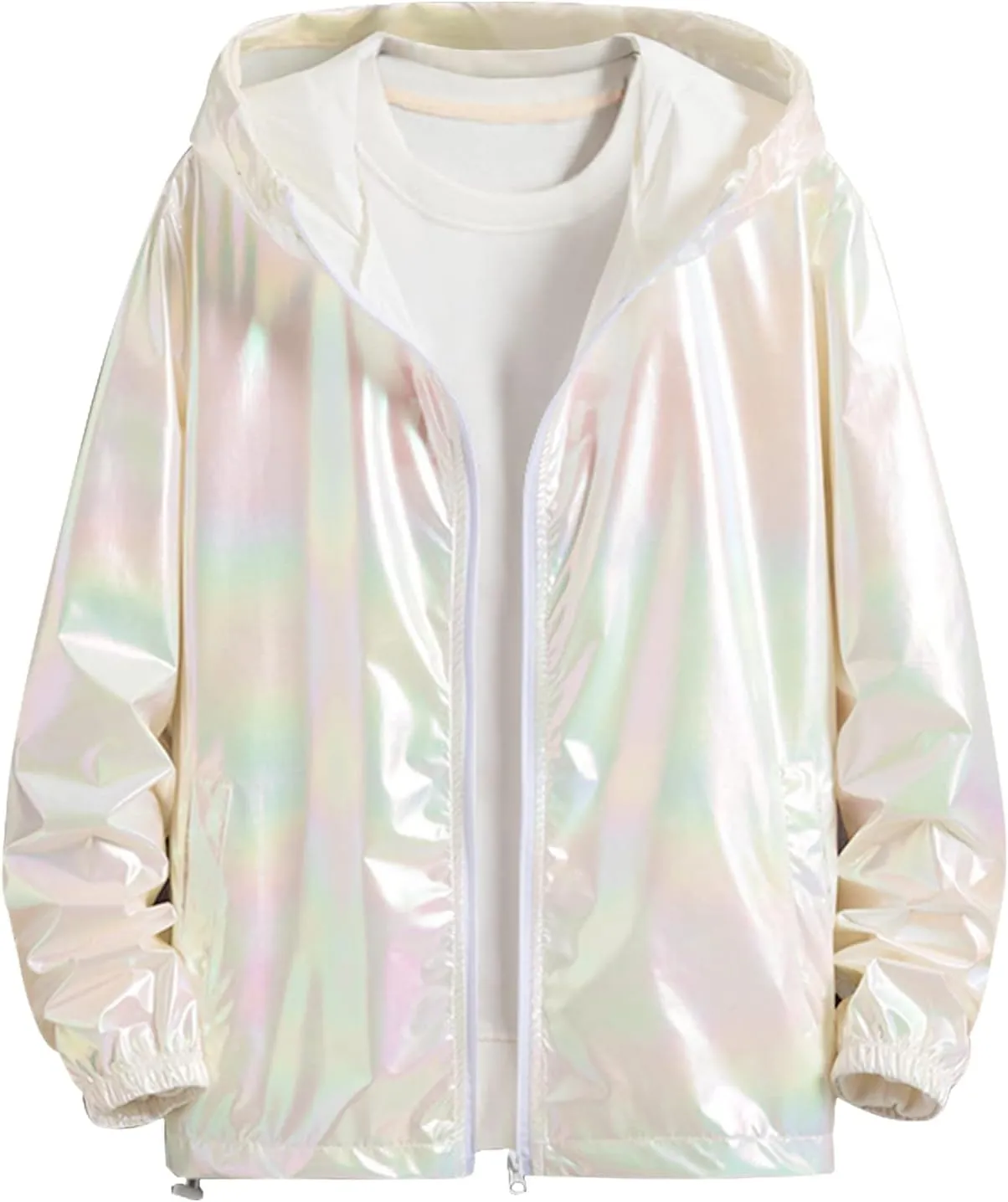 Lars Amadeus Men's Metallic Jacket Lightweight Zip Up Holographic Shiny Hooded Jackets