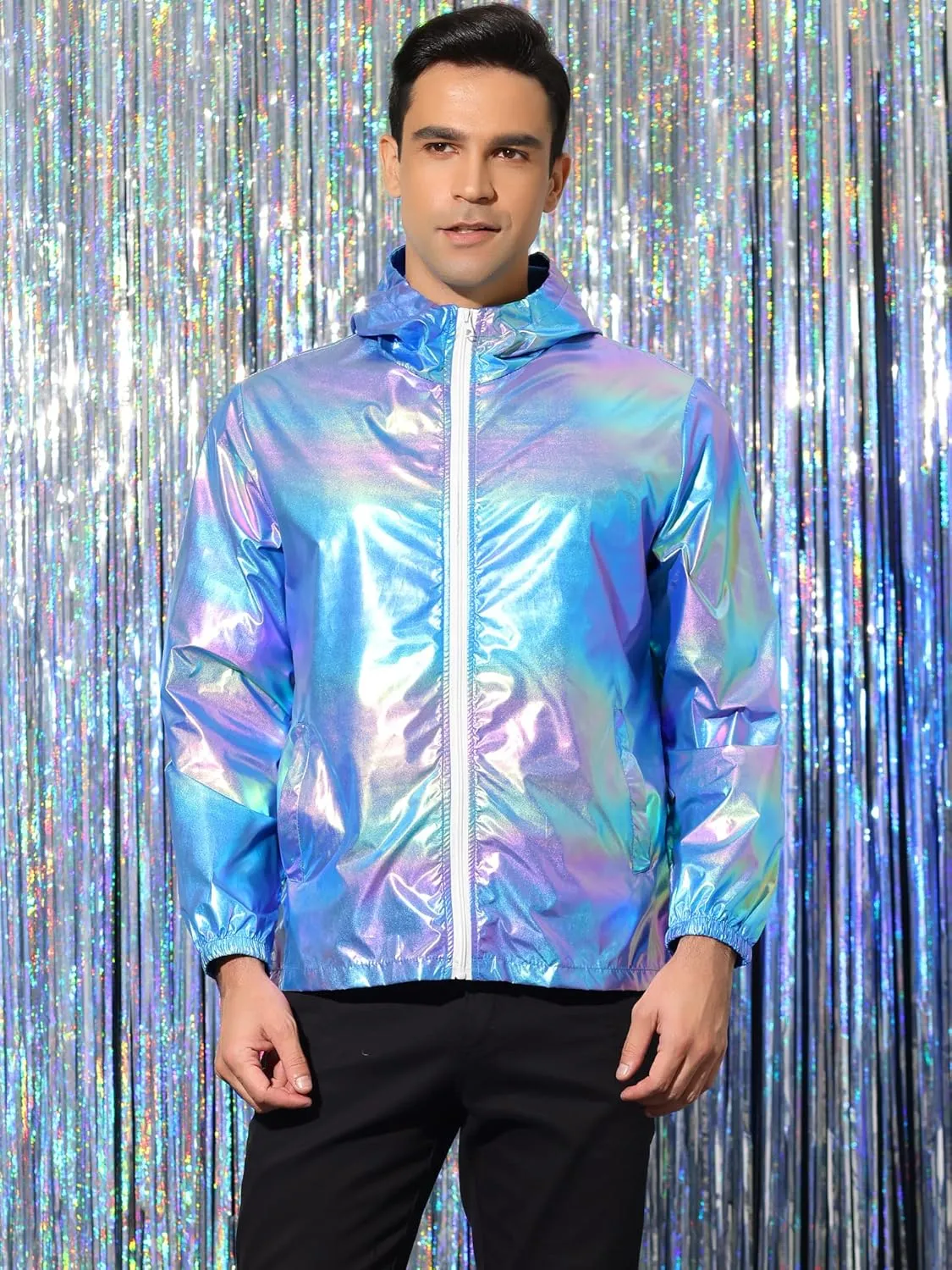 Lars Amadeus Men's Metallic Jacket Lightweight Zip Up Holographic Shiny Hooded Jackets