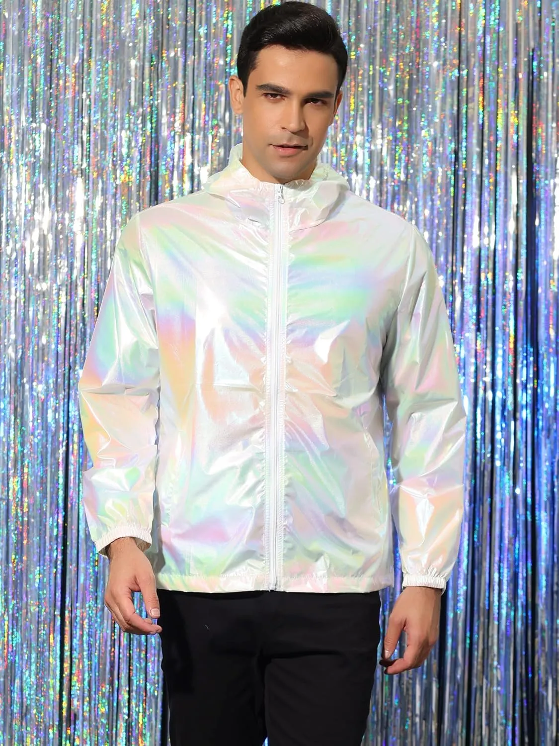 Lars Amadeus Men's Metallic Jacket Lightweight Zip Up Holographic Shiny Hooded Jackets