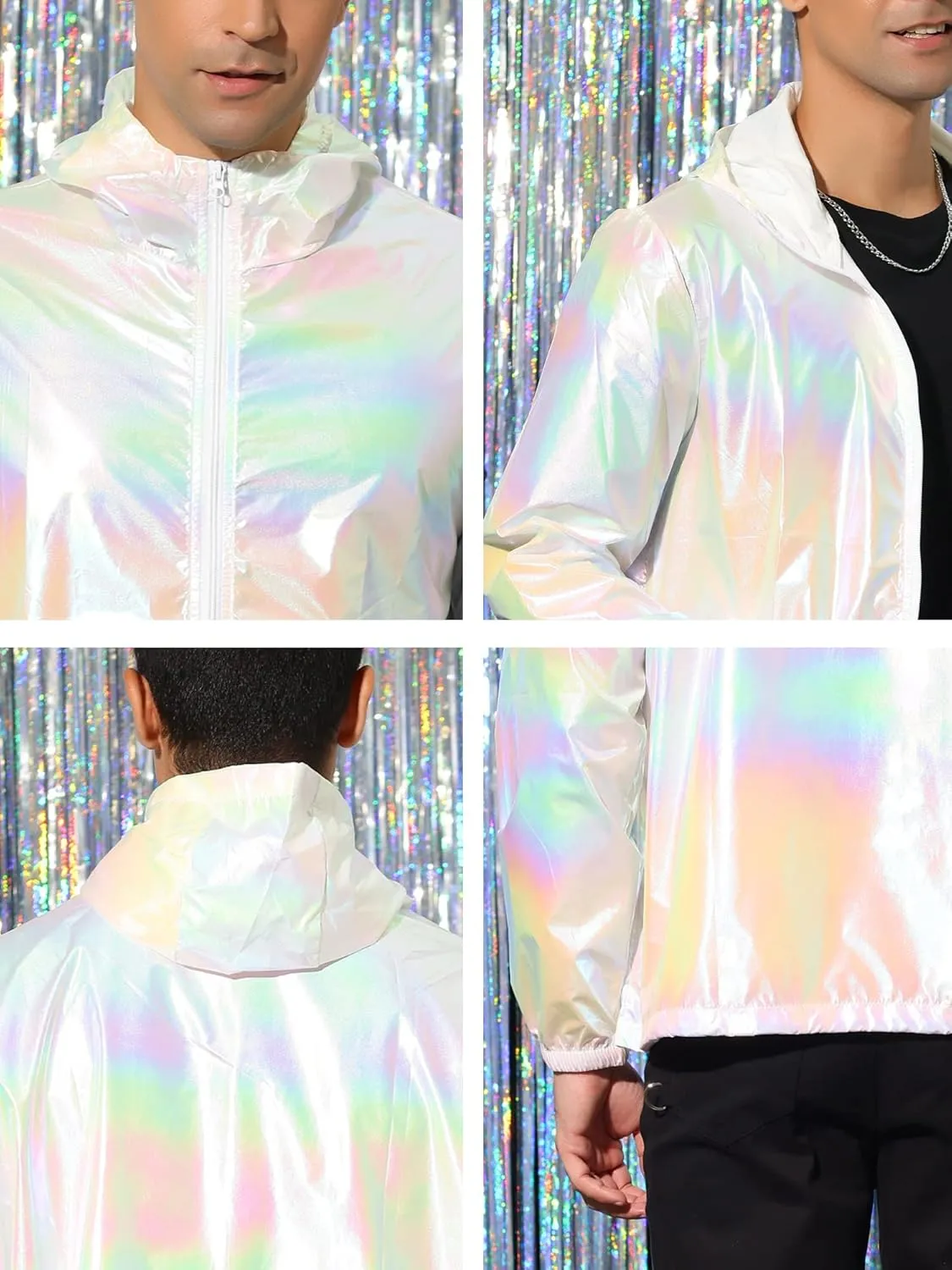 Lars Amadeus Men's Metallic Jacket Lightweight Zip Up Holographic Shiny Hooded Jackets