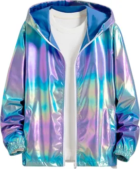 Lars Amadeus Men's Metallic Jacket Lightweight Zip Up Holographic Shiny Hooded Jackets