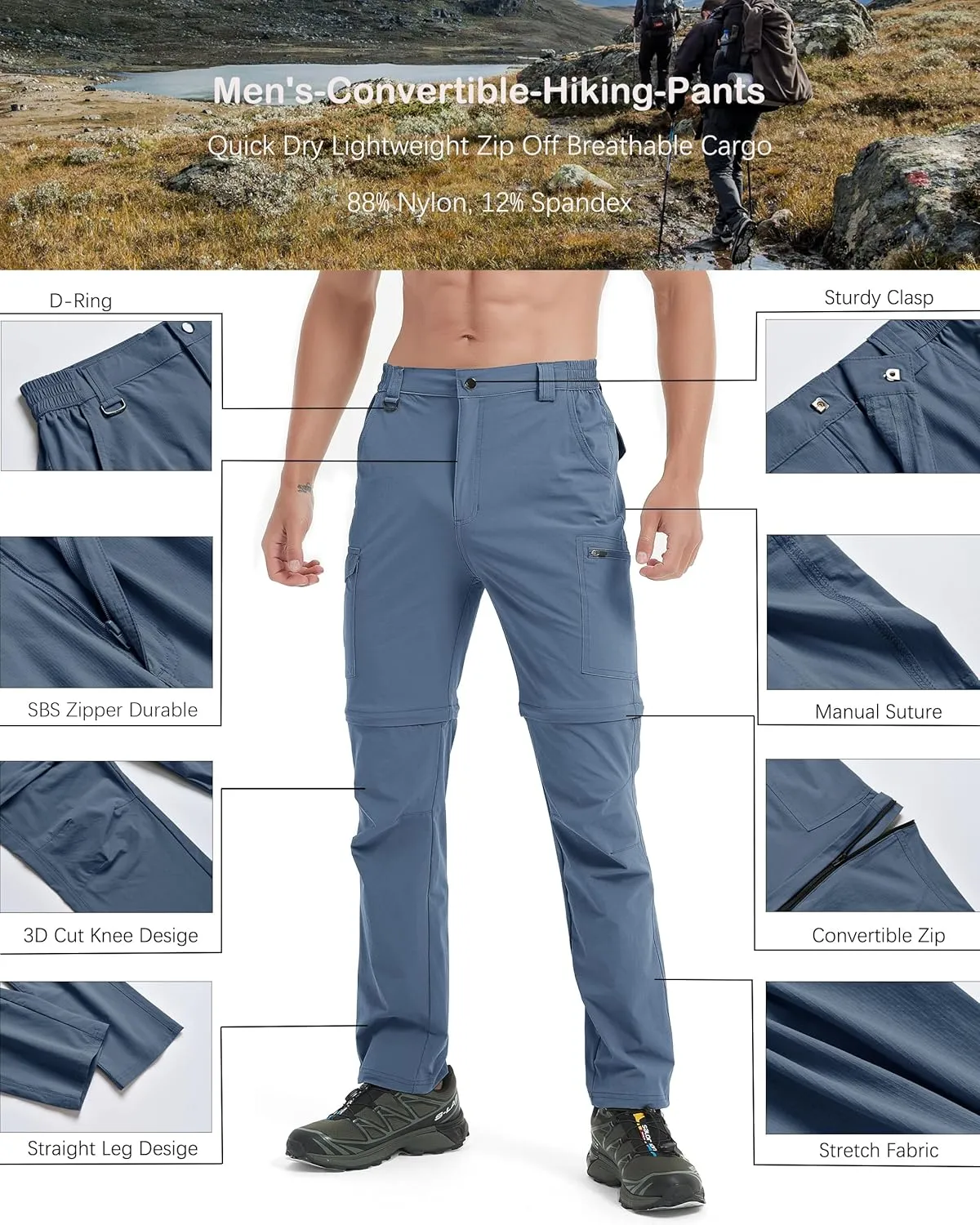 Men's Hiking Convertible Zip Off Pants Outdoor Waterproof Quick Dry Lightweight Fishing Safari Travel Cargo Work Pants
