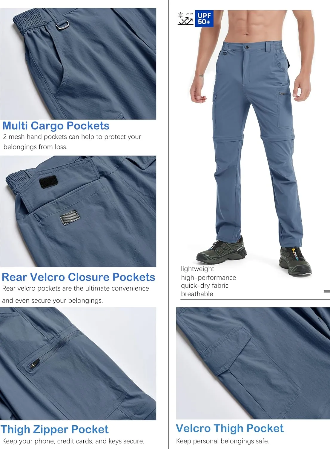 Men's Hiking Convertible Zip Off Pants Outdoor Waterproof Quick Dry Lightweight Fishing Safari Travel Cargo Work Pants