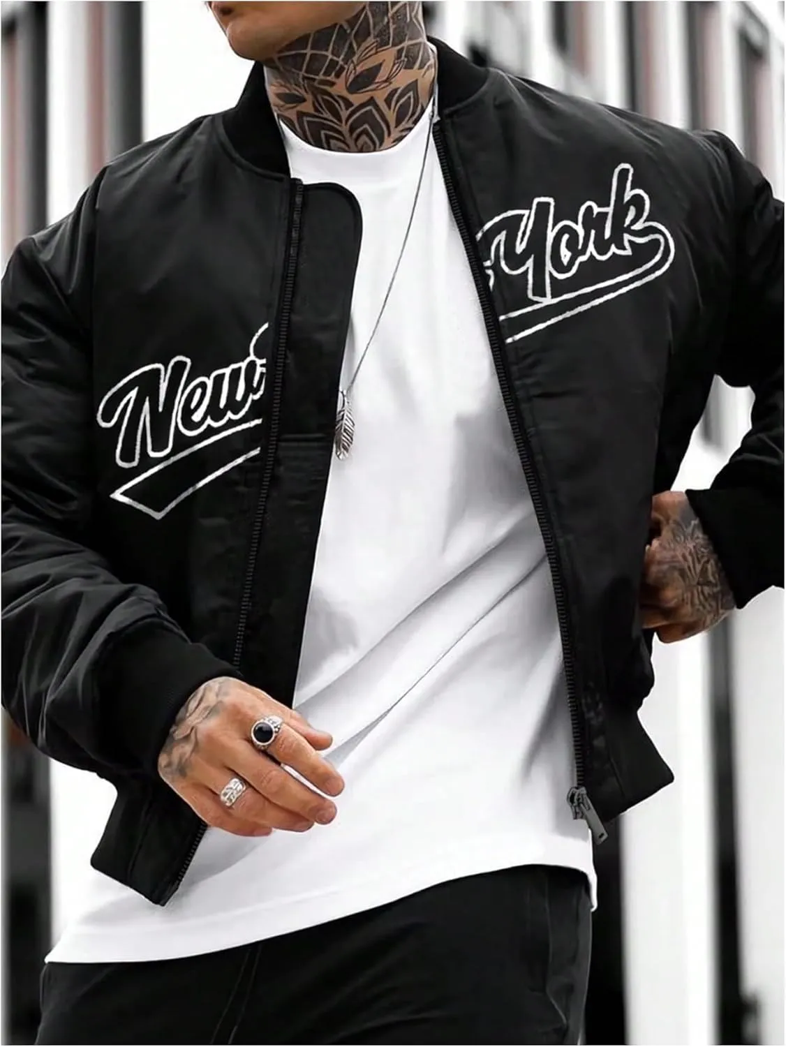 Men's Letter Printed Long Sleeve Bomber Jackets Zip Up Outerwear Coats