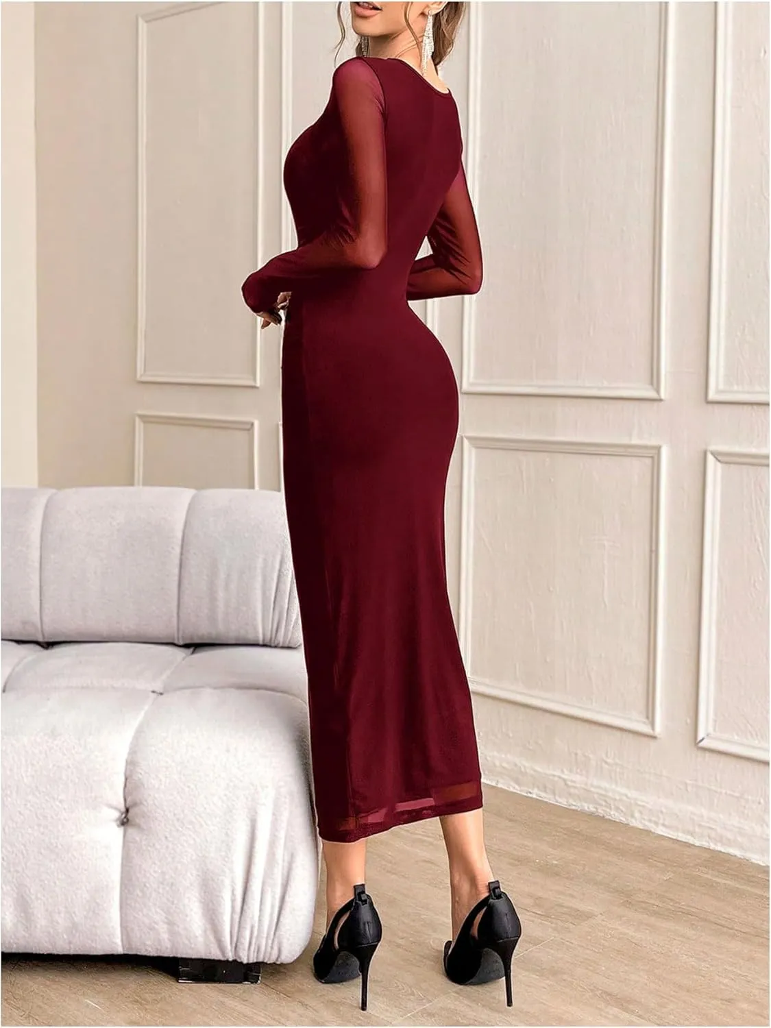 Milumia Women's Ruched Mesh Bodycon Dress Long Sleeve Boat Neck Midi Dresses