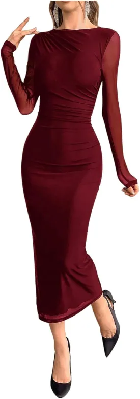 Milumia Women's Ruched Mesh Bodycon Dress Long Sleeve Boat Neck Midi Dresses