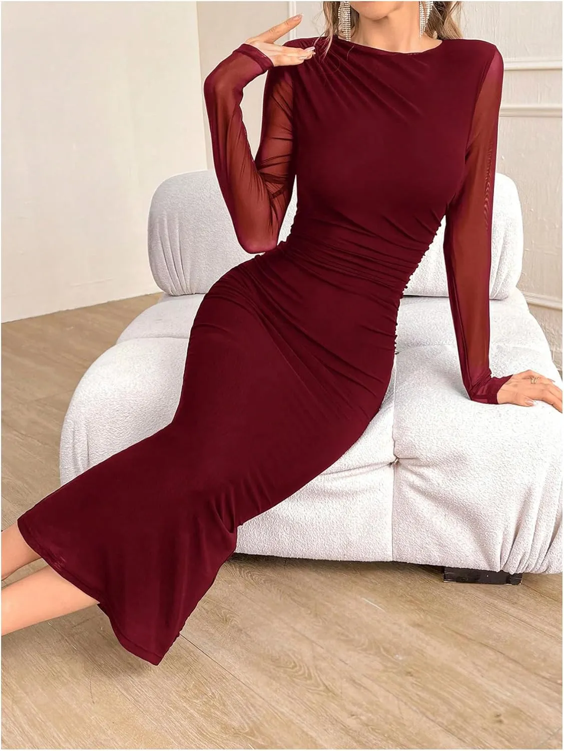 Milumia Women's Ruched Mesh Bodycon Dress Long Sleeve Boat Neck Midi Dresses