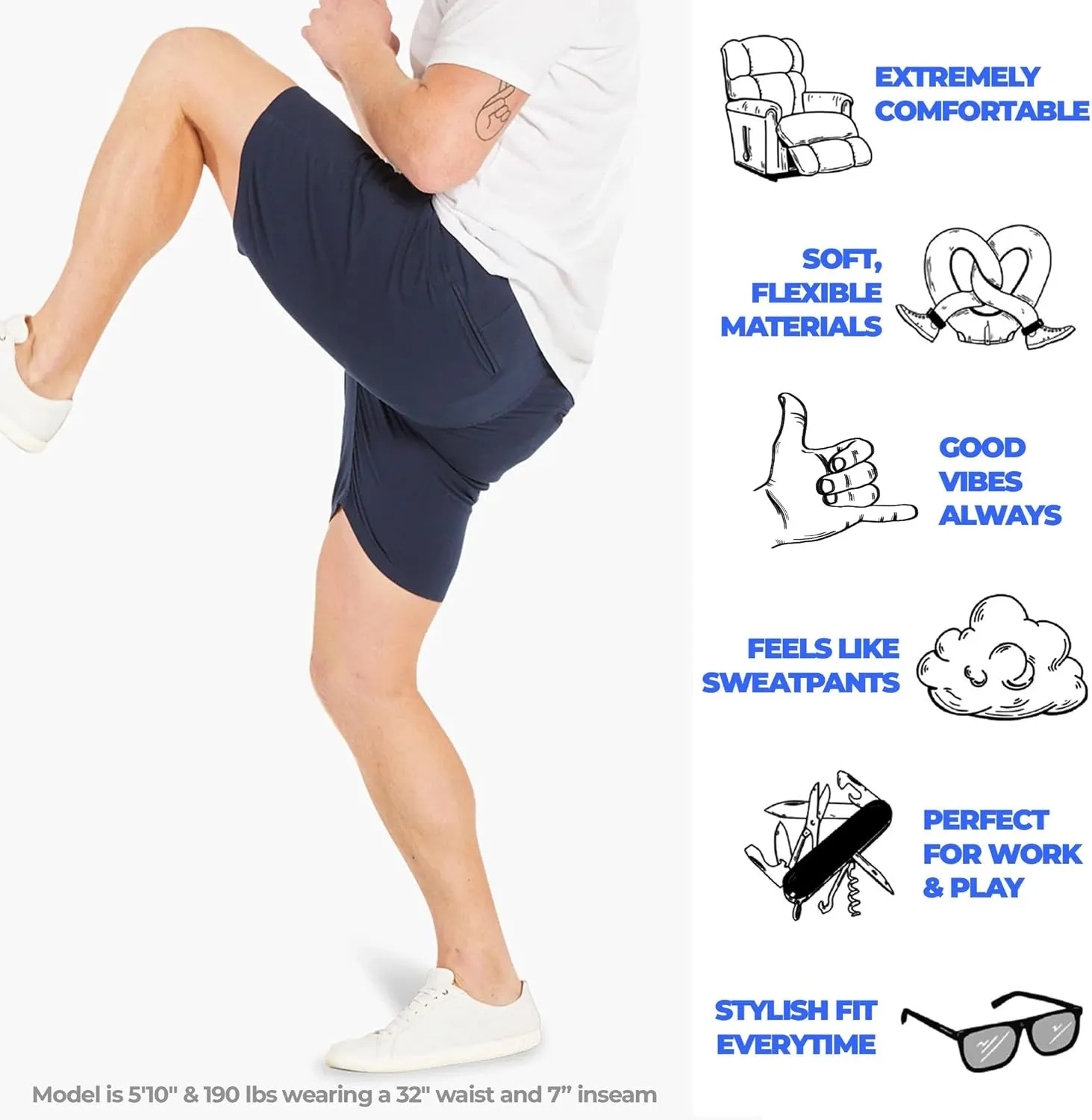 Mugsy Mens Chinos Shorts, 4-Way Stretch Khaki Shorts for Men, Comfortable, Classic Fit, 7" Inseam
