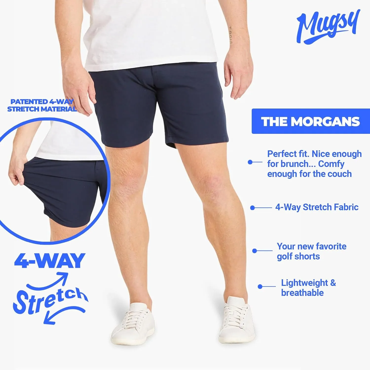 Mugsy Mens Chinos Shorts, 4-Way Stretch Khaki Shorts for Men, Comfortable, Classic Fit, 7" Inseam