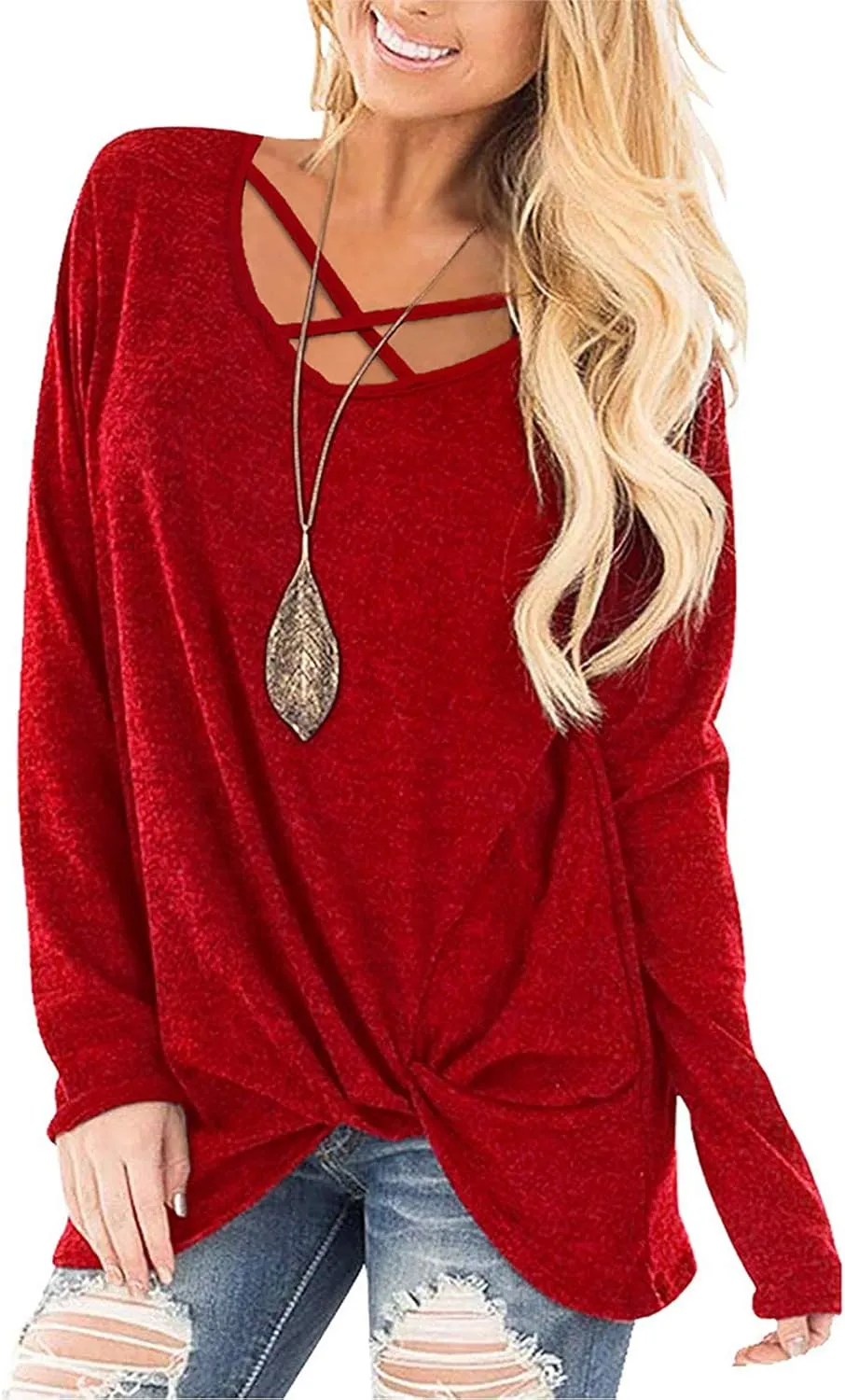 NIASHOT Womens Long Sleeves Tops V Neck Casual Fall Sweaters Shirts
