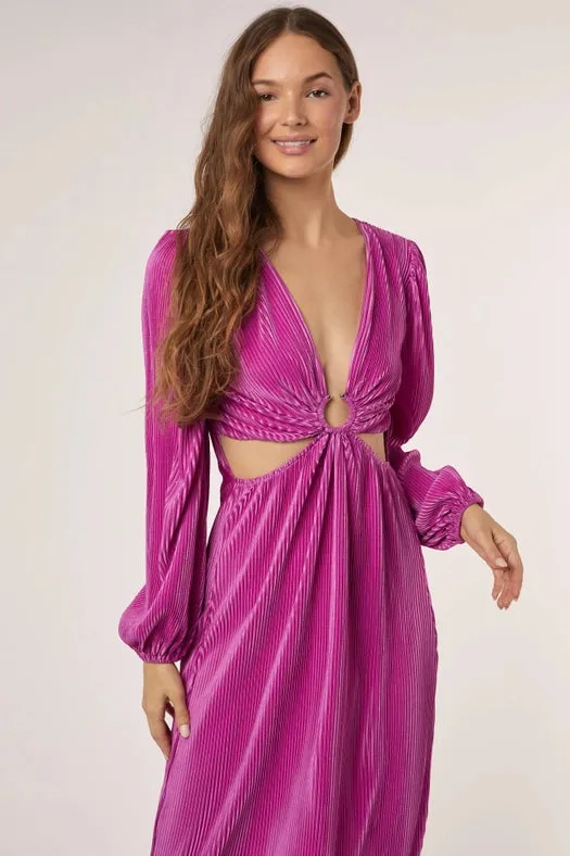 O Ringed Trim Deep V Neck Long Slv Dress MAGENTA