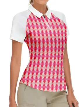 Orange and Pink Checkboard Short-sleeve Golf Shirt for Women
