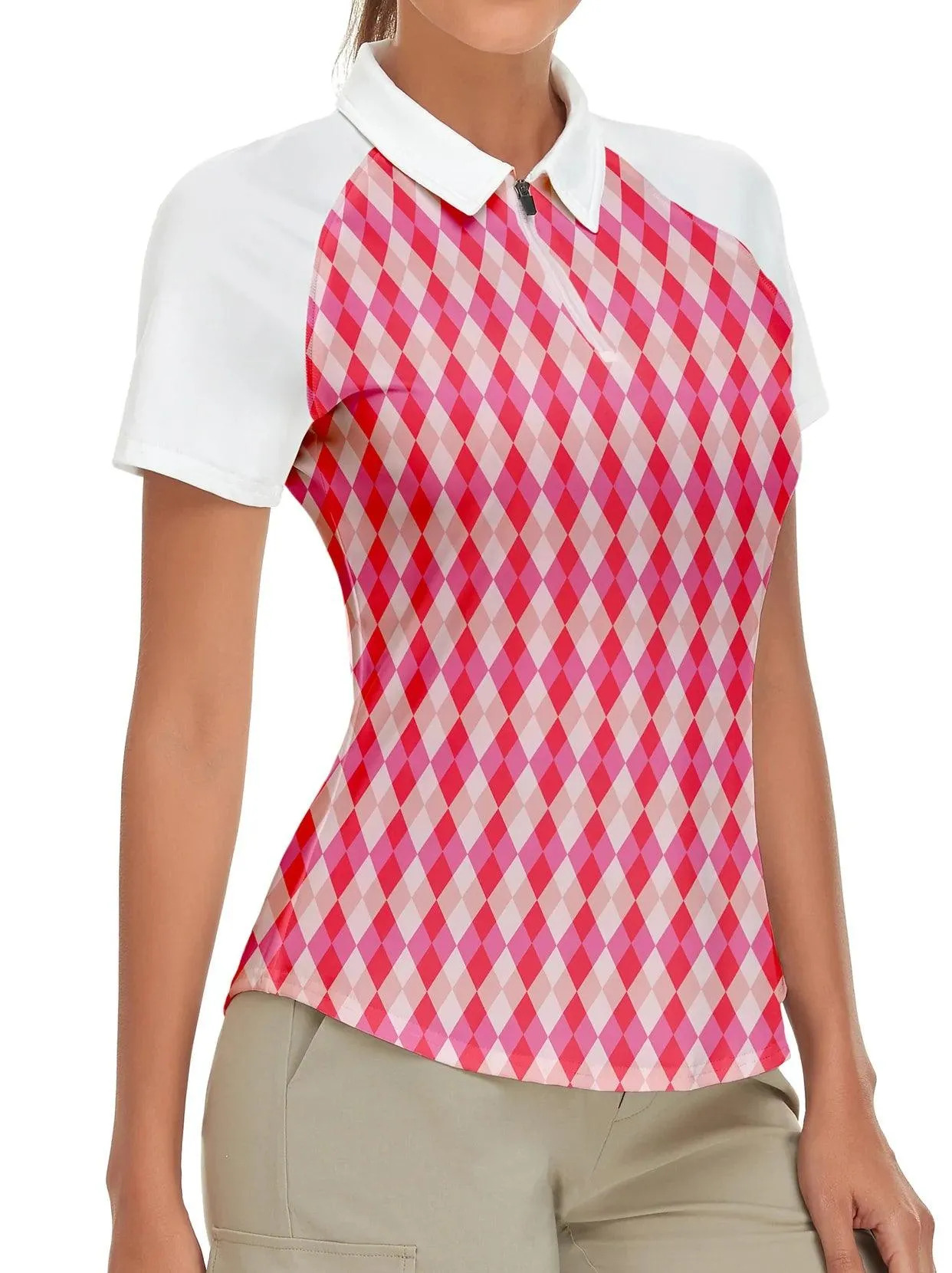 Orange and Pink Checkboard Short-sleeve Golf Shirt for Women