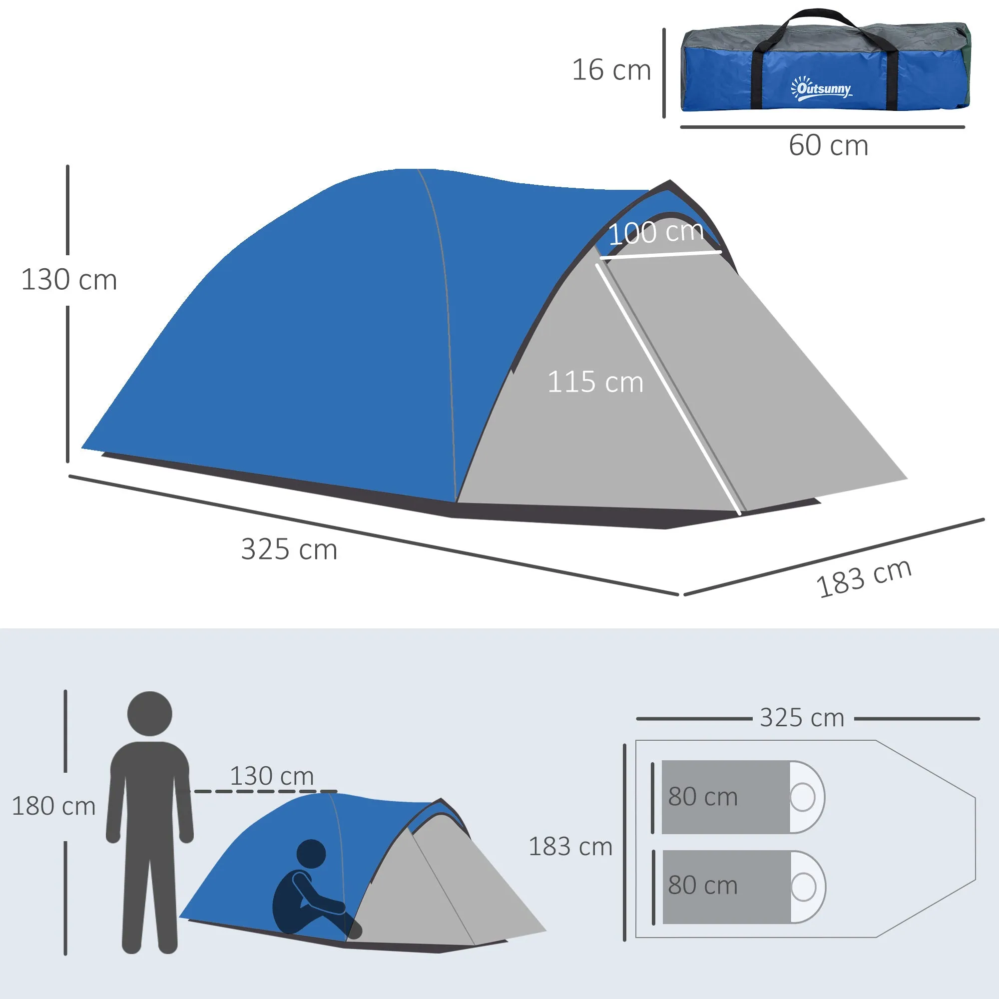 Outsunny Compact Camping Tent w/ Vestibule & Mesh Vents for Hiking Blue