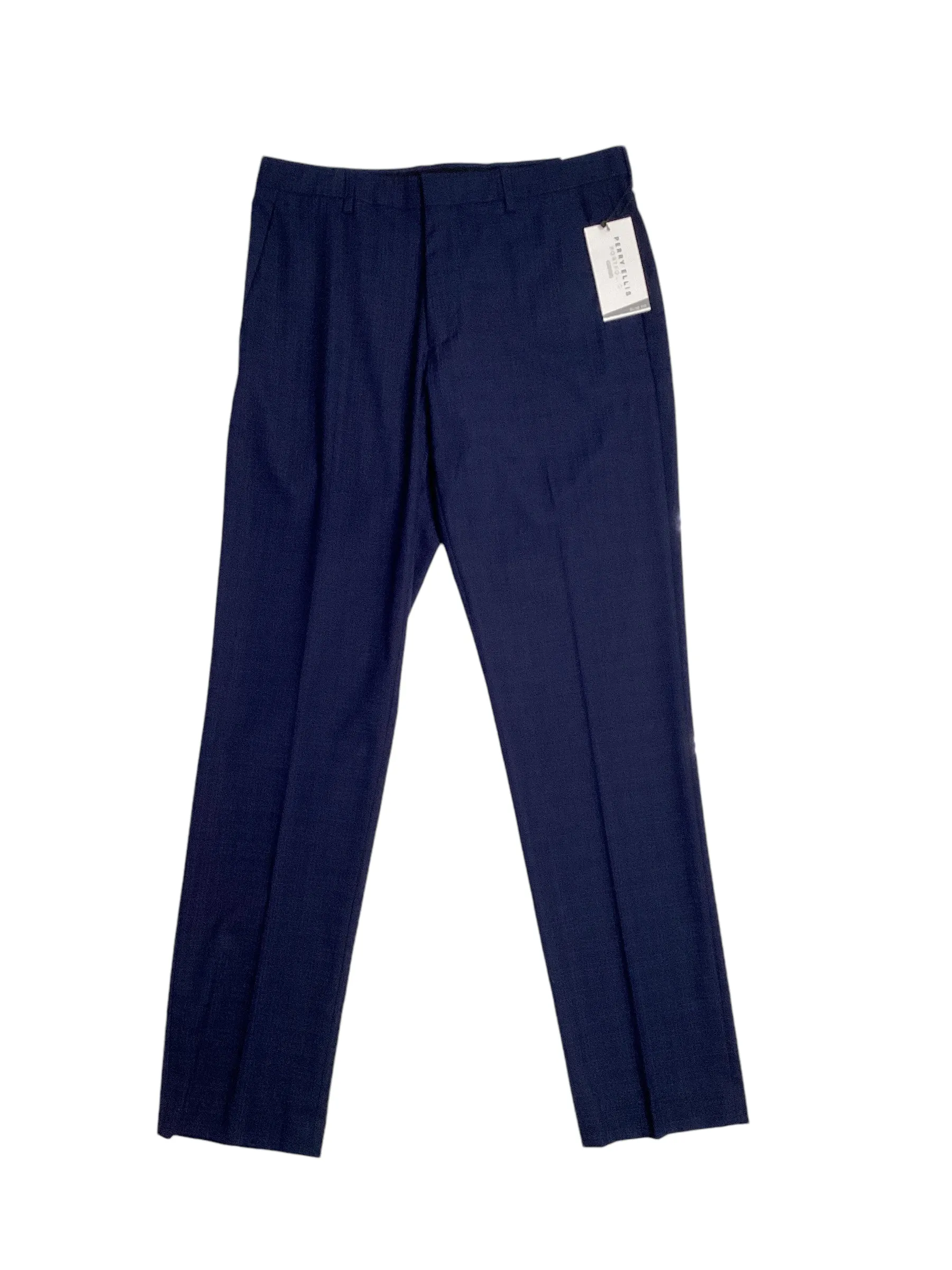 Perry Ellis Portfolio Men's Slim Fit Flat Front Pants Navy Blue 34 x 29