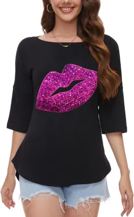 PESION Women's Sparkly Sequin Heart Love Shirts 3/4 Sleeve Loose Tunic Tops Boat Neck Love T-Shirt Tees