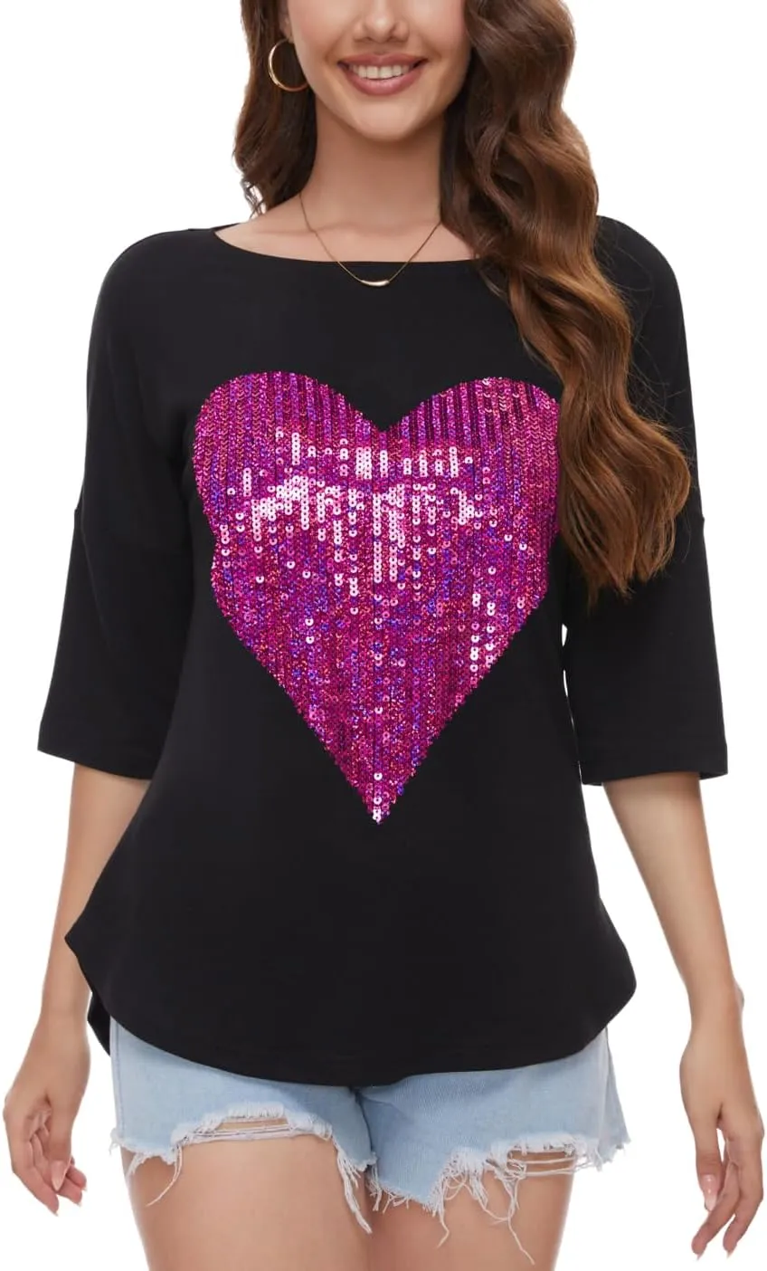 PESION Women's Sparkly Sequin Heart Love Shirts 3/4 Sleeve Loose Tunic Tops Boat Neck Love T-Shirt Tees
