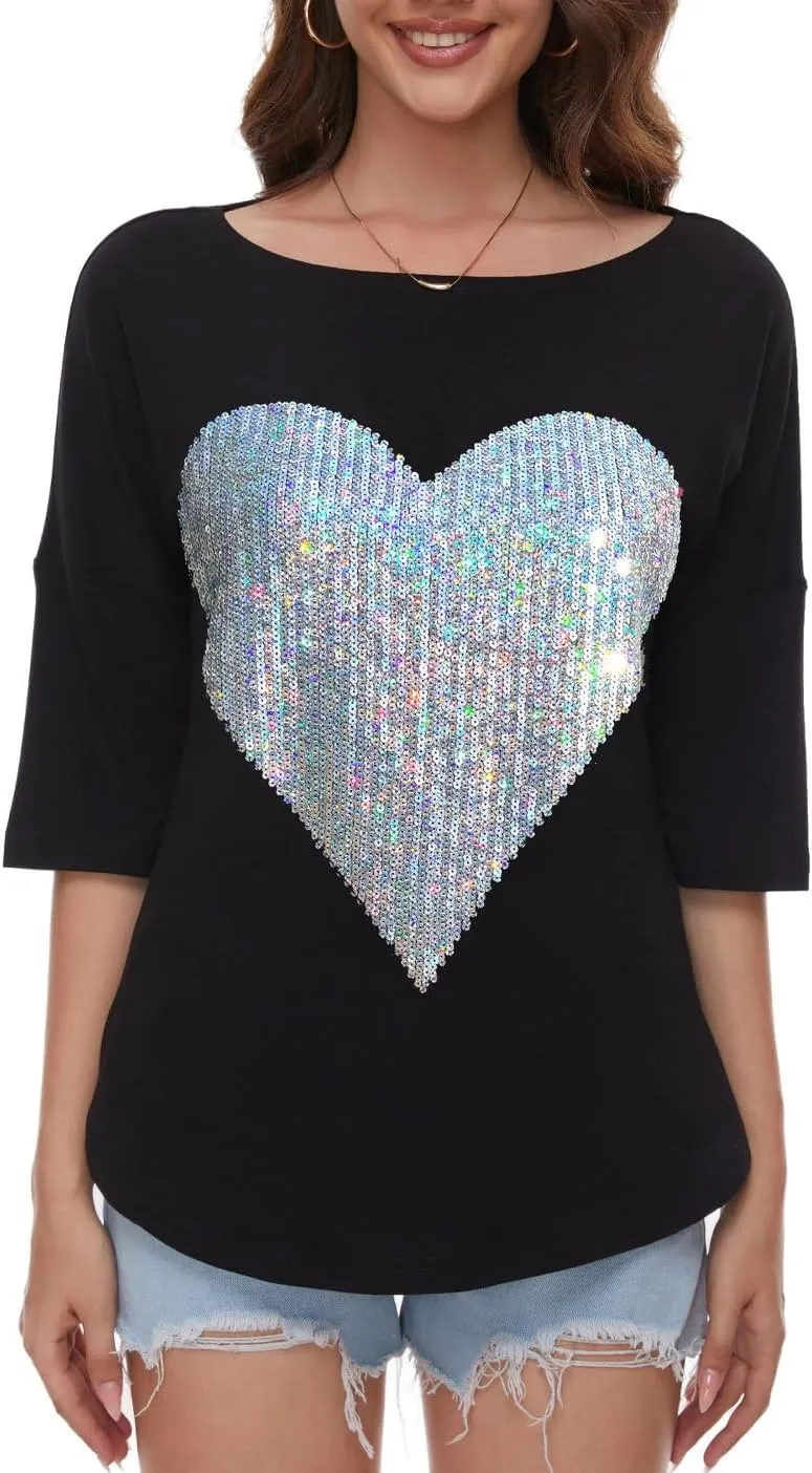 PESION Women's Sparkly Sequin Heart Love Shirts 3/4 Sleeve Loose Tunic Tops Boat Neck Love T-Shirt Tees