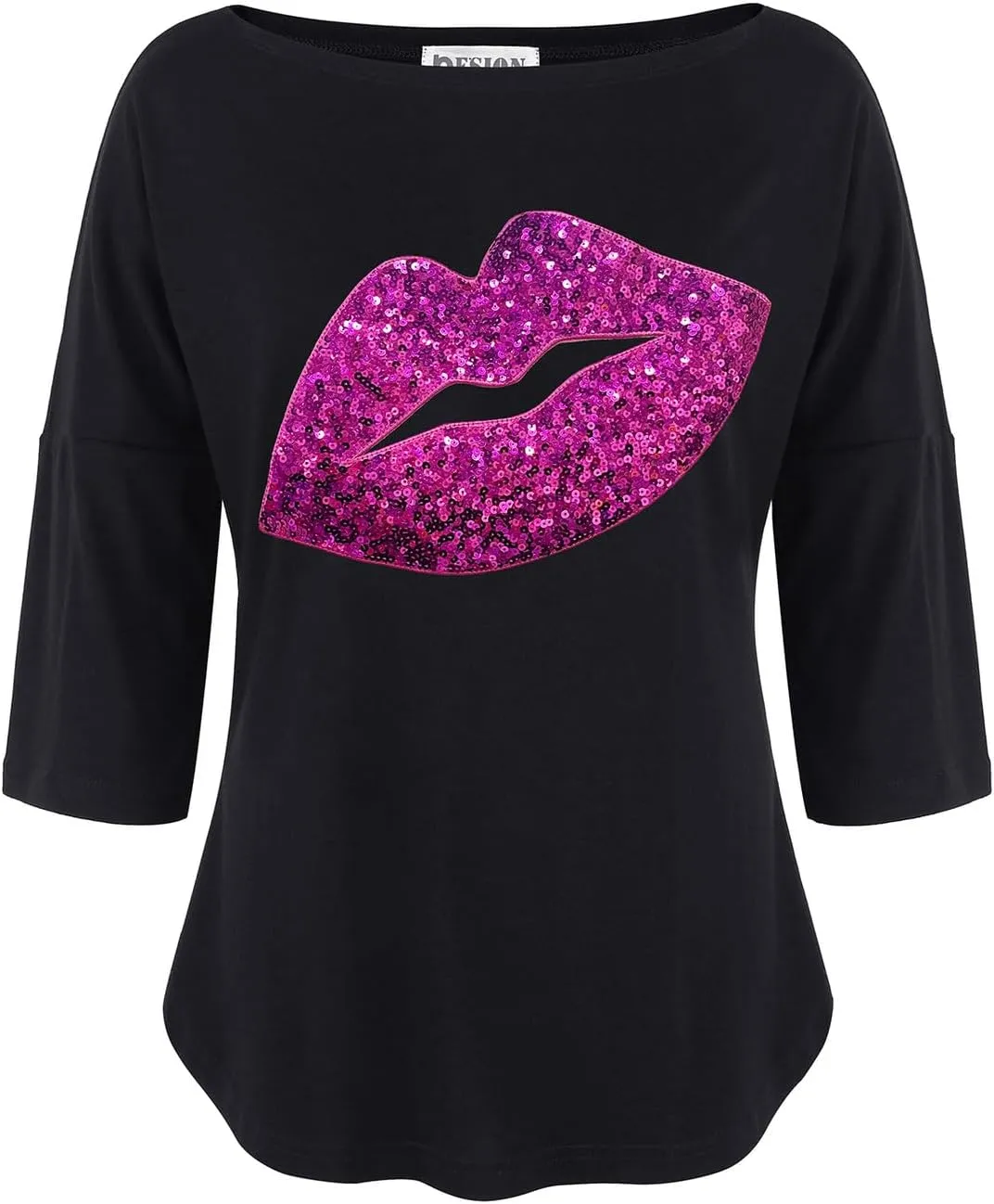 PESION Women's Sparkly Sequin Heart Love Shirts 3/4 Sleeve Loose Tunic Tops Boat Neck Love T-Shirt Tees
