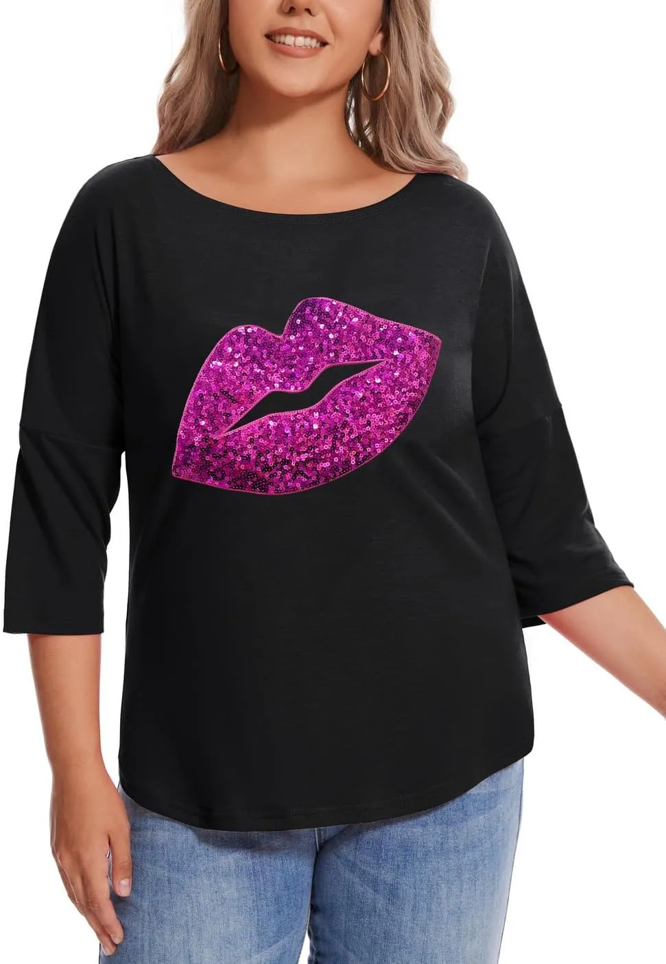 PESION Women's Sparkly Sequin Heart Love Shirts 3/4 Sleeve Loose Tunic Tops Boat Neck Love T-Shirt Tees