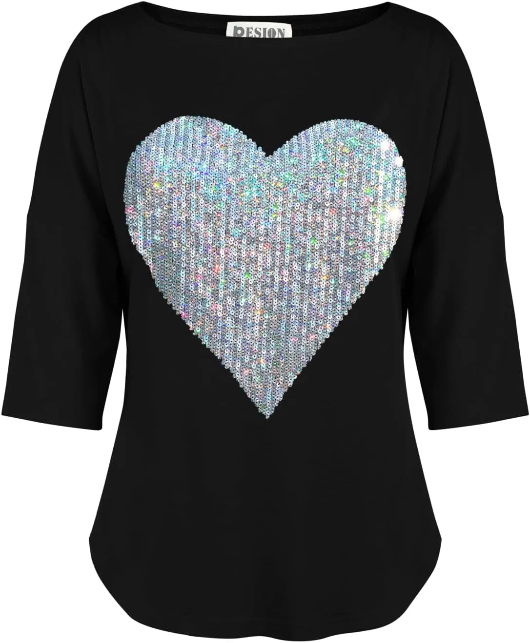 PESION Women's Sparkly Sequin Heart Love Shirts 3/4 Sleeve Loose Tunic Tops Boat Neck Love T-Shirt Tees
