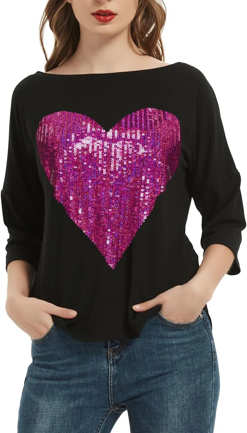 PESION Women's Sparkly Sequin Heart Love Shirts 3/4 Sleeve Loose Tunic Tops Boat Neck Love T-Shirt Tees