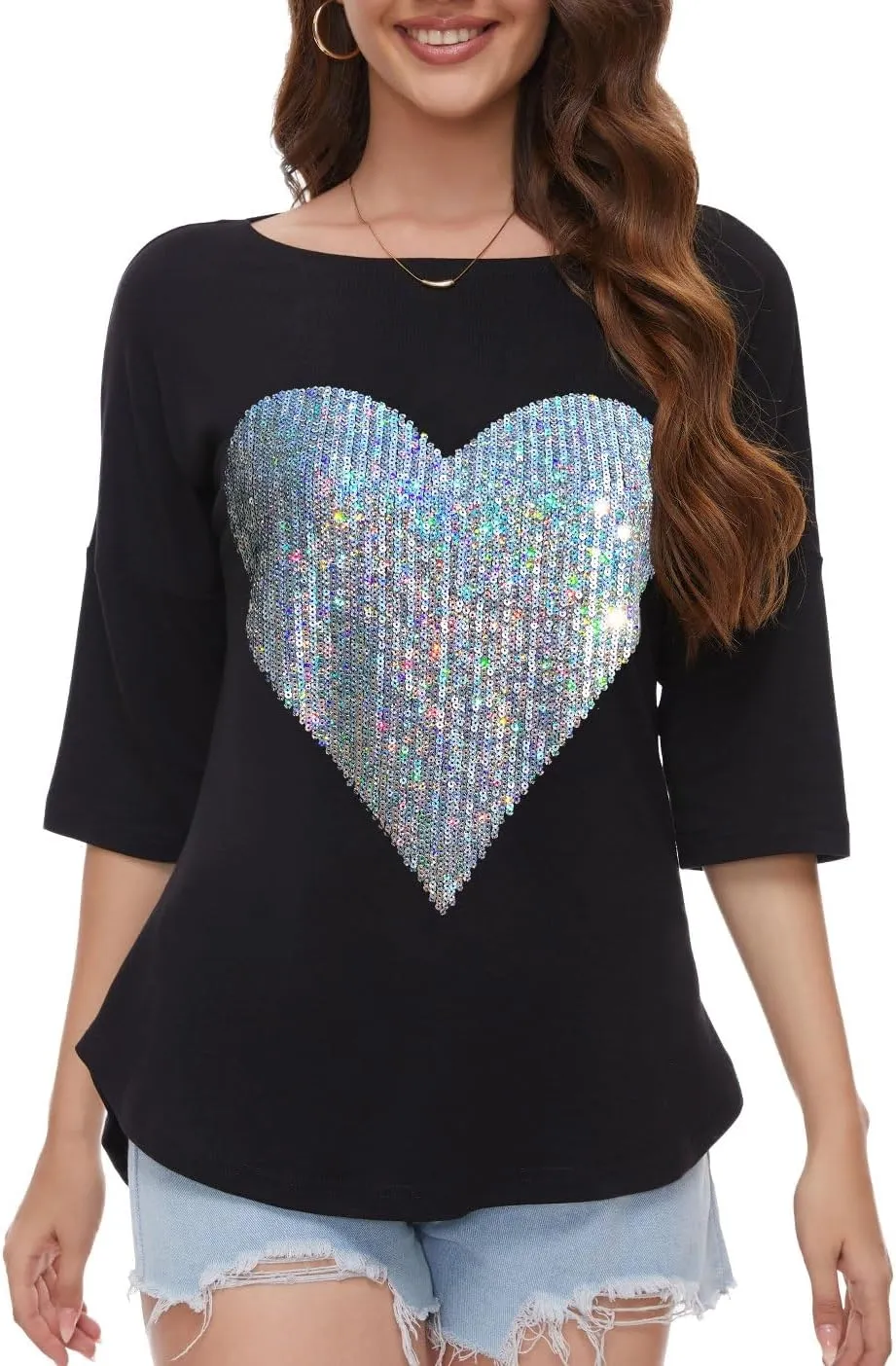 PESION Women's Sparkly Sequin Heart Love Shirts 3/4 Sleeve Loose Tunic Tops Boat Neck Love T-Shirt Tees