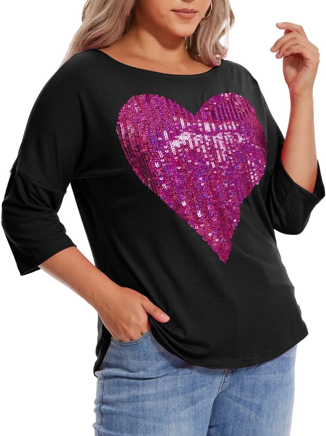 PESION Women's Sparkly Sequin Heart Love Shirts 3/4 Sleeve Loose Tunic Tops Boat Neck Love T-Shirt Tees